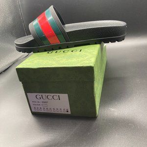 Gucci Black Slide Sandals with Red and Green Accents